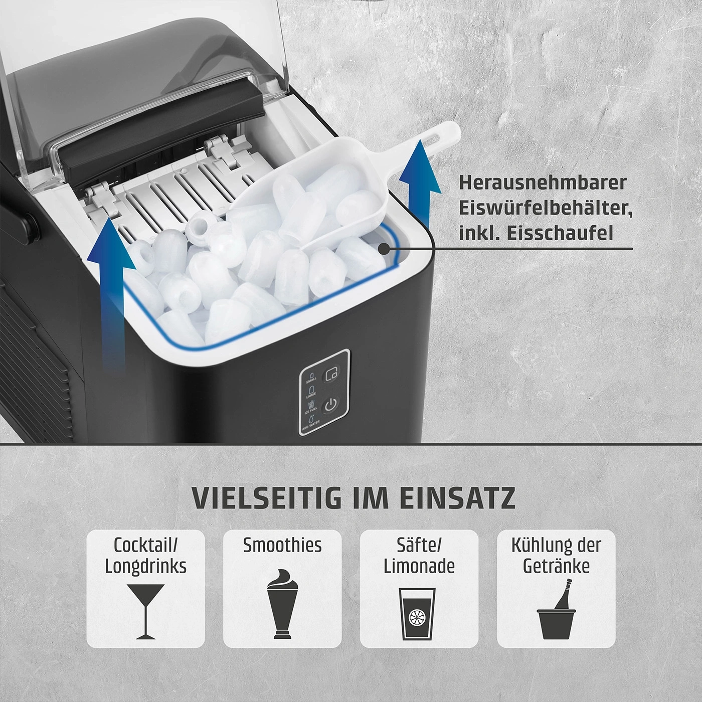 Eismaschine mit Eiswürfelbehälter, Cocktails, Smoothies, Säfte, Getränke kühlen.