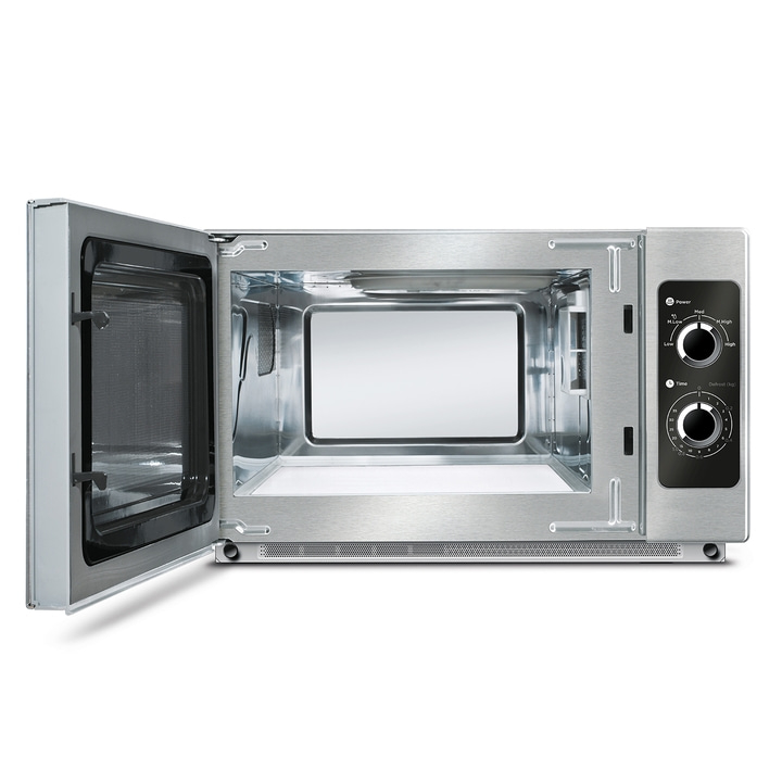 Open microwave with control panel and open door, interior view, stainless steel