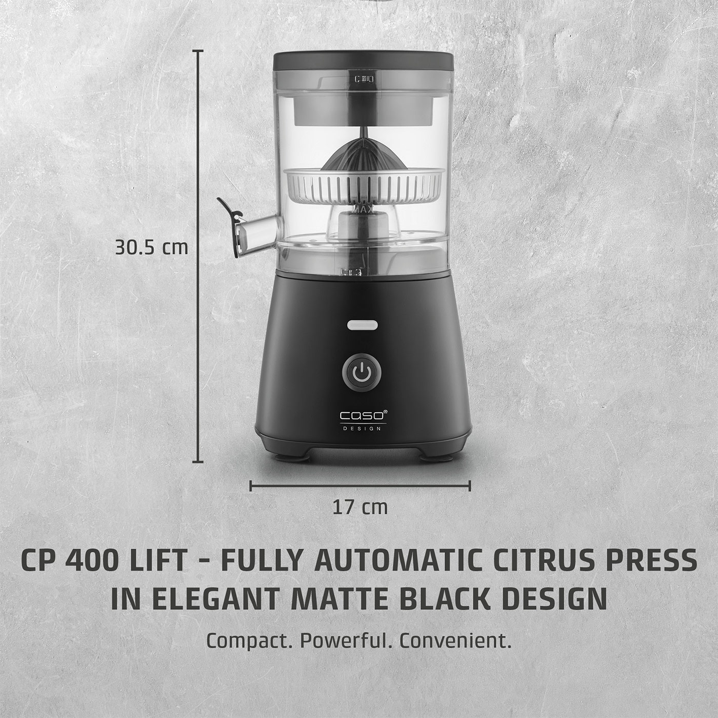 Citrus juicer, black, 30.5 cm high, 17 cm wide, CP 400 LIFT, Caso Design, compact, powerful, comfortable.