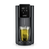 Black hot water dispenser with glass and tea bag, 100 degrees Celsius.