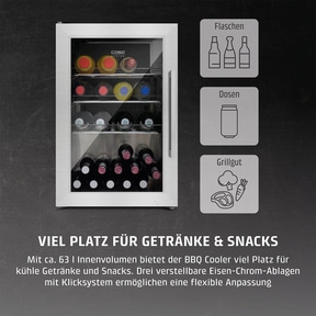 Refrigerator with drinks and snacks, lots of space, BBQ cooler, bottles, cans, grilled food.