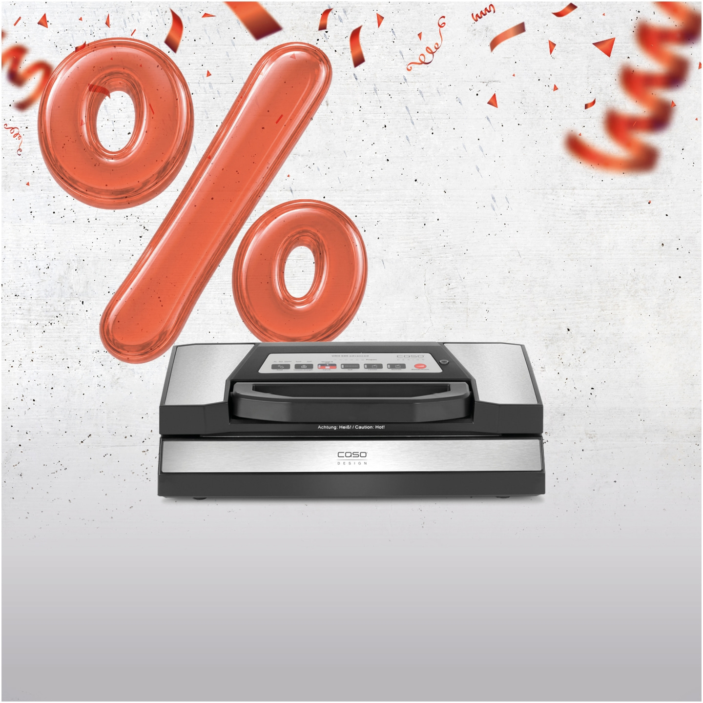 A percentage sign above a vacuum sealer machine with confetti