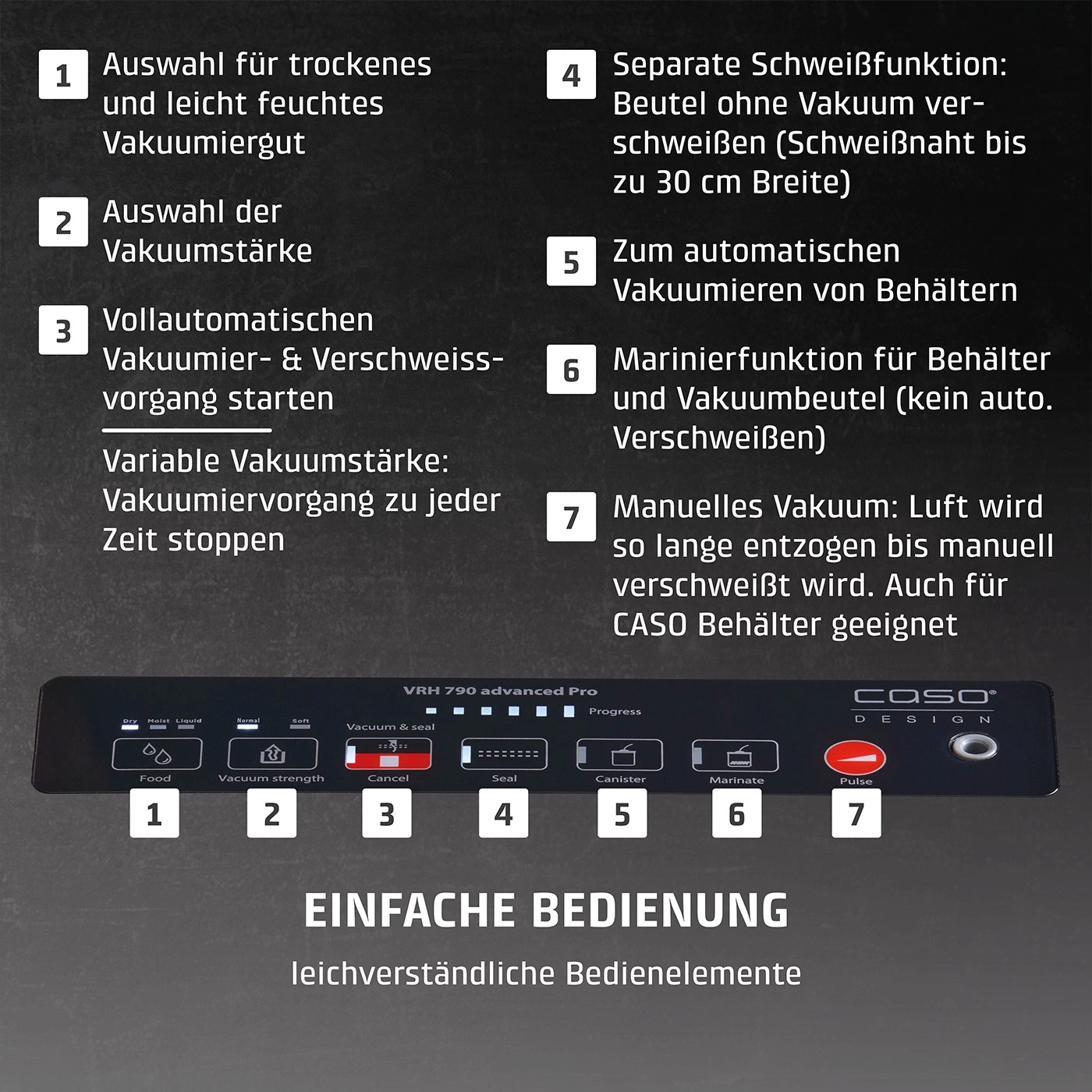 Vakuumiergerät mit Funktionen: Trocken, Vakuumstärke, Automatik, Schweißen, Behälter, Marinieren, Manuell.