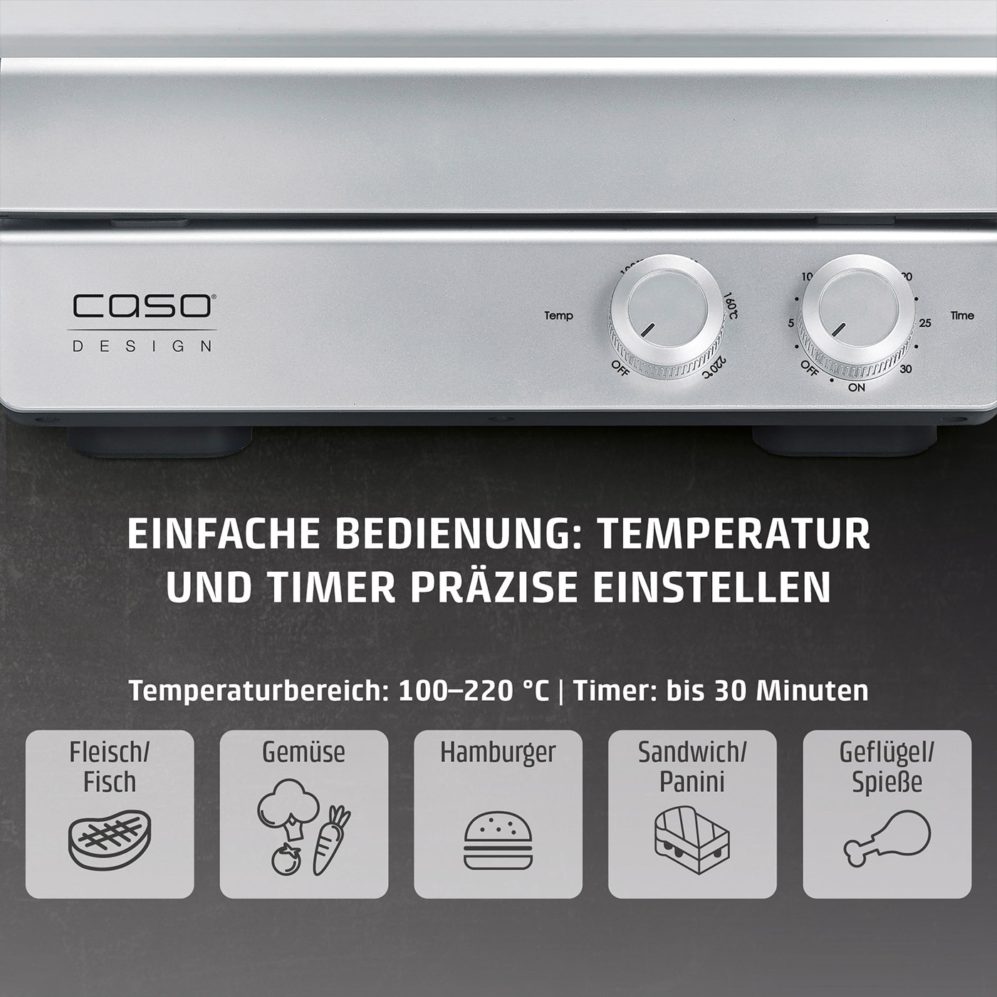 Eine metallische Kontaktgrill mit zwei Knöpfen und Symbolen für Fleisch, Gemüse, Hamburger, Sandwich und Geflügel.
