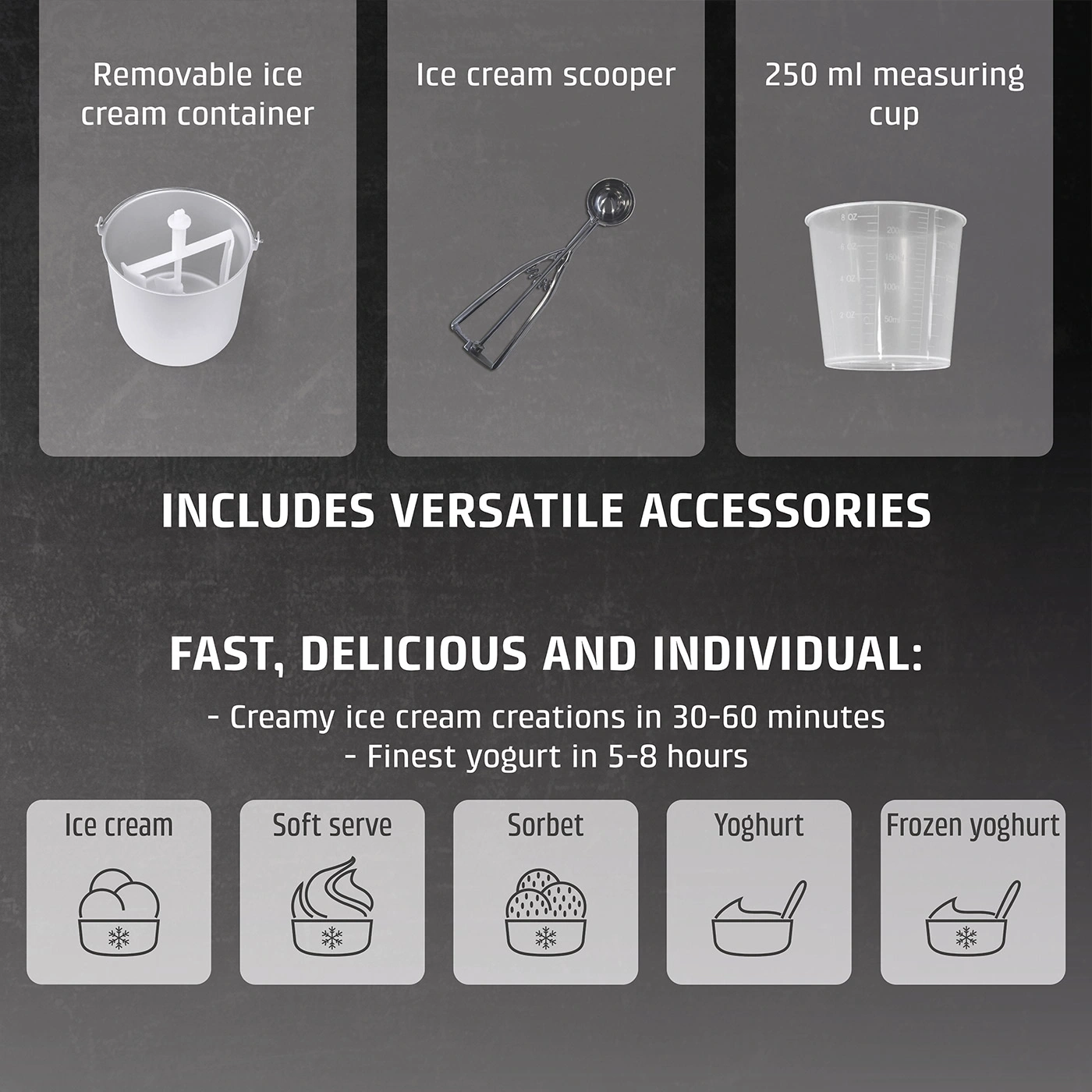 Ice cream maker with accessories: container, scoop, measuring cup, ice cream, yogurt.