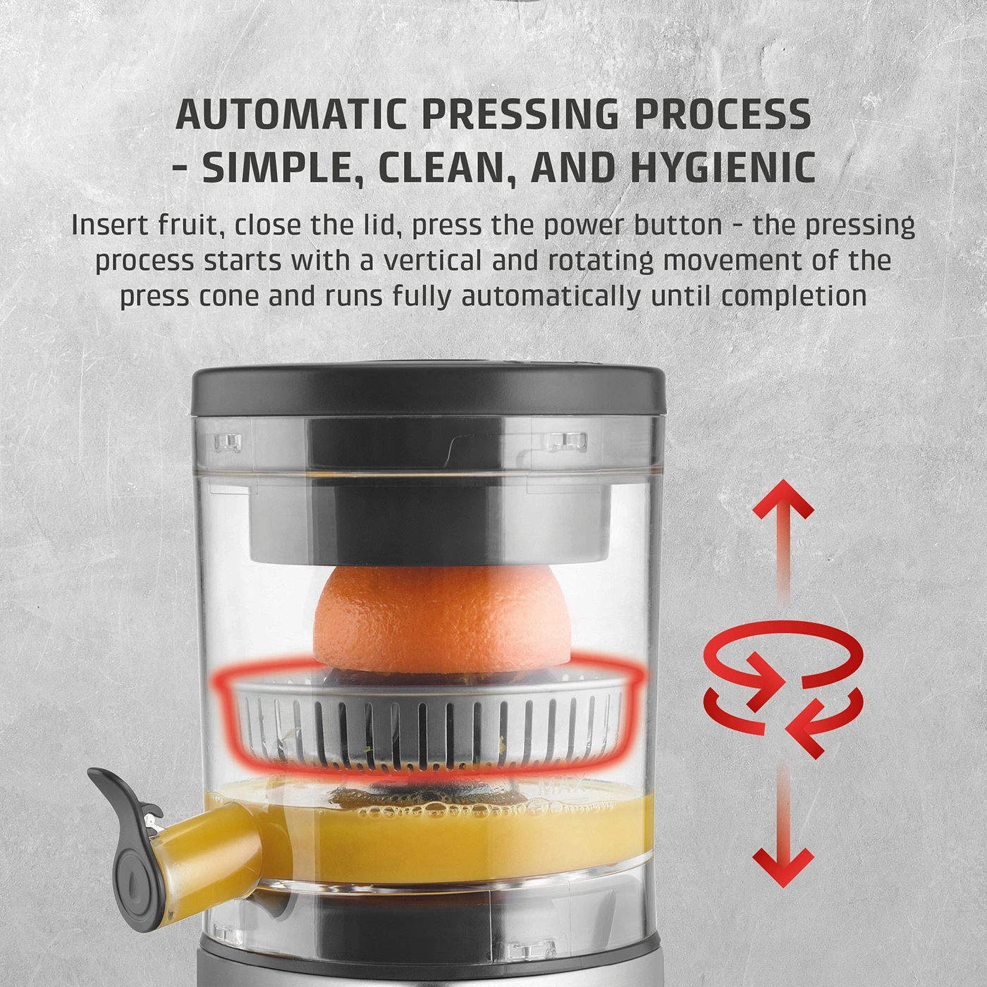 An automatic juicer with an orange, pressing juice.