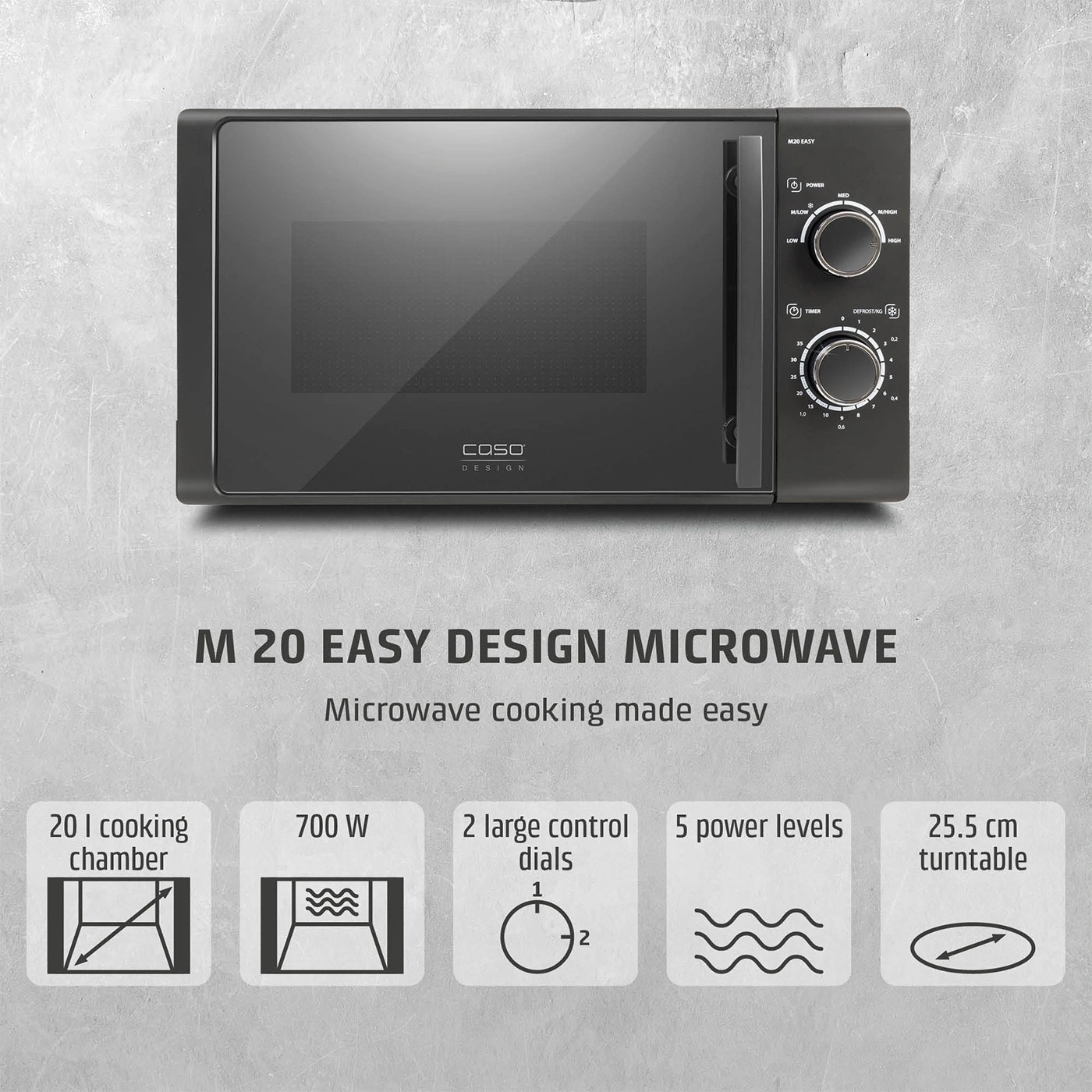 A black microwave with two control knobs and product features.
