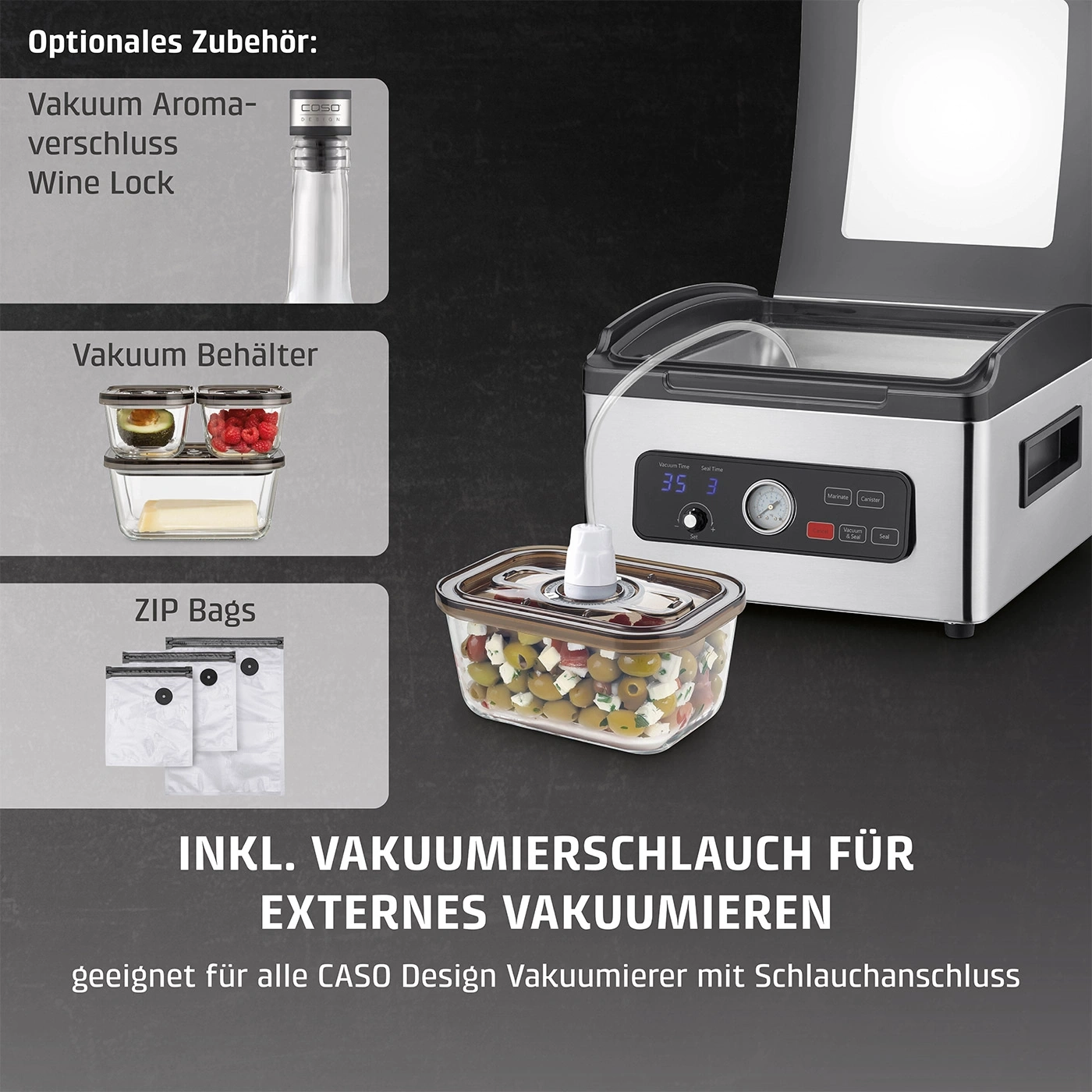 Vakuumiergerät mit Zubehör: Vakuumbehälter, Zip-Beutel, Weinflasche, Vakuumierschlauch.