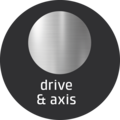 Circular logo with 'drive & axis' text and metallic background design
