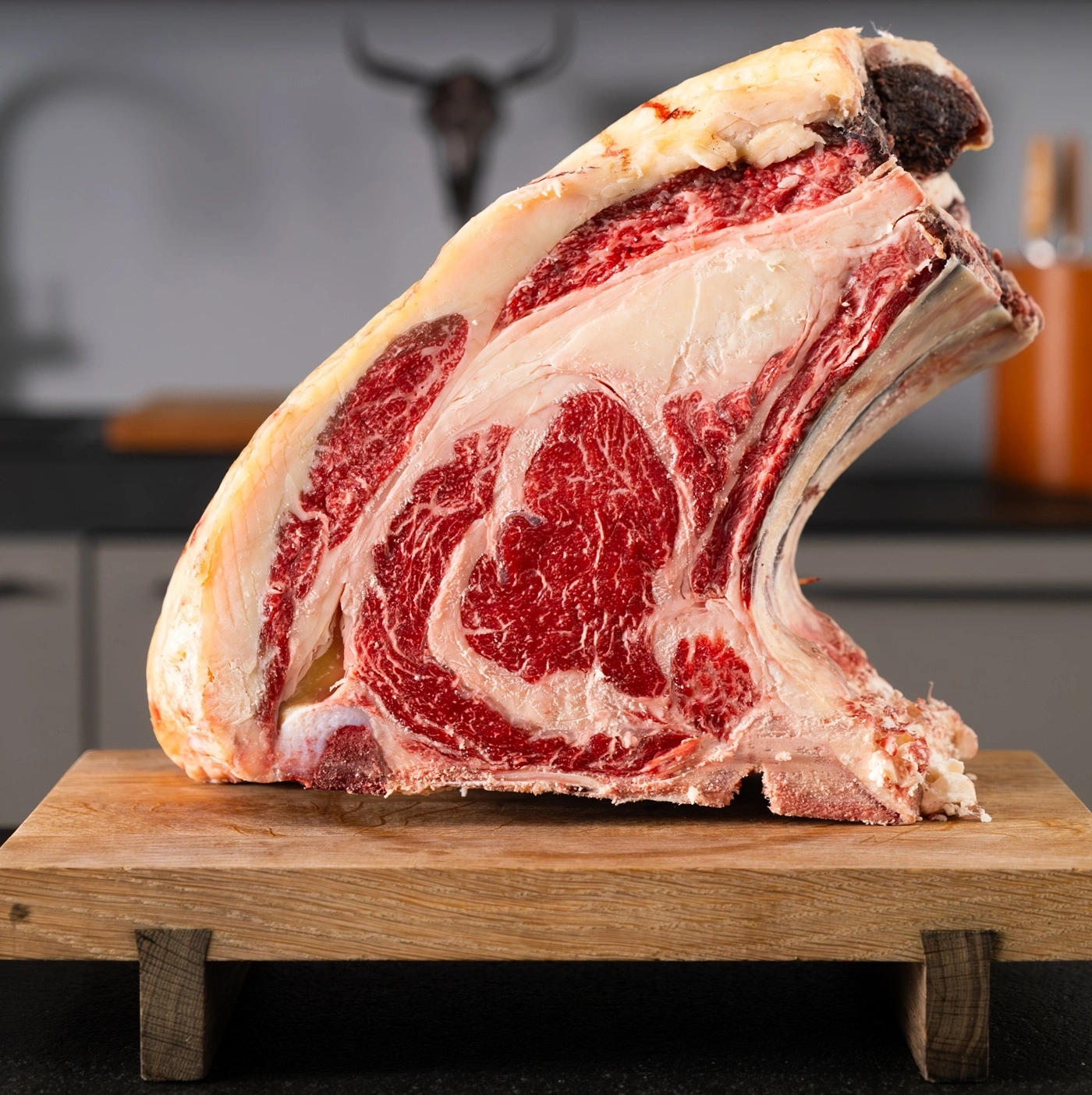 Raw beef rib roast on a wooden board with bone.
