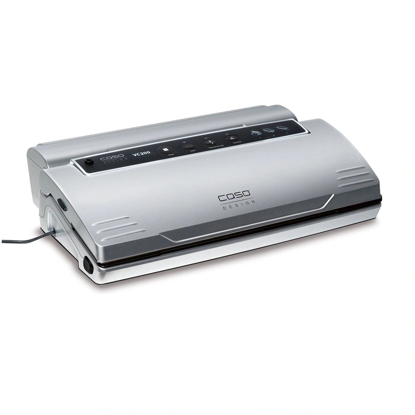 Silver Caso Design VC200 vacuum sealer on white background, close-up shot, product