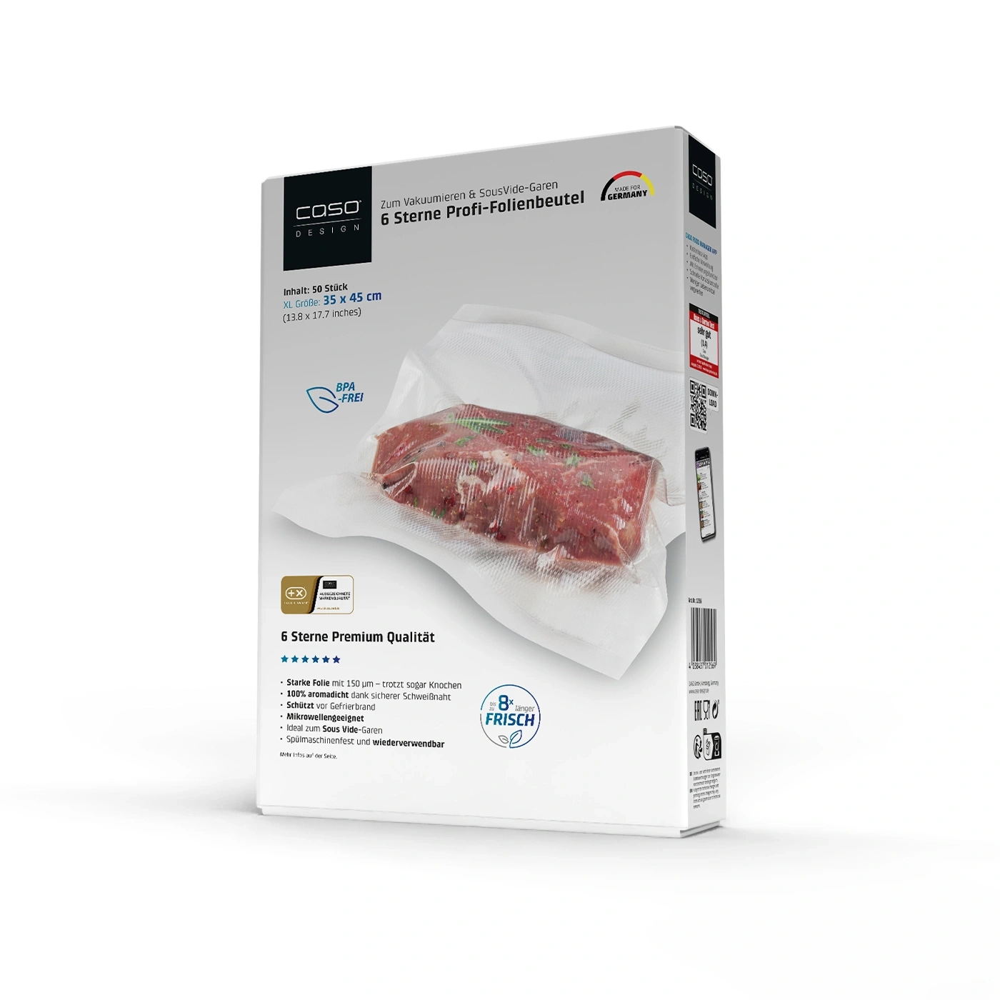 A package of vacuum sealer bags with meat inside, on a white background.