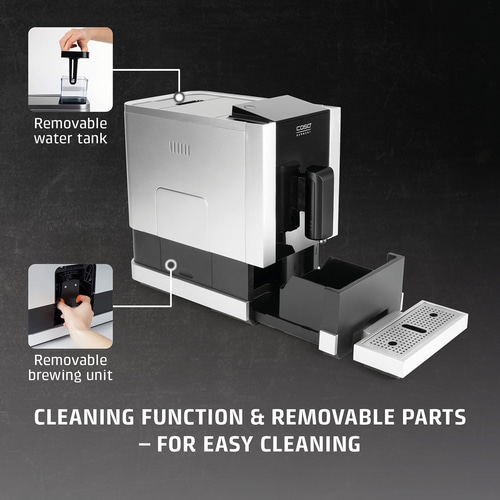 Coffee machine with removable water tank and brewing unit for easy cleaning.