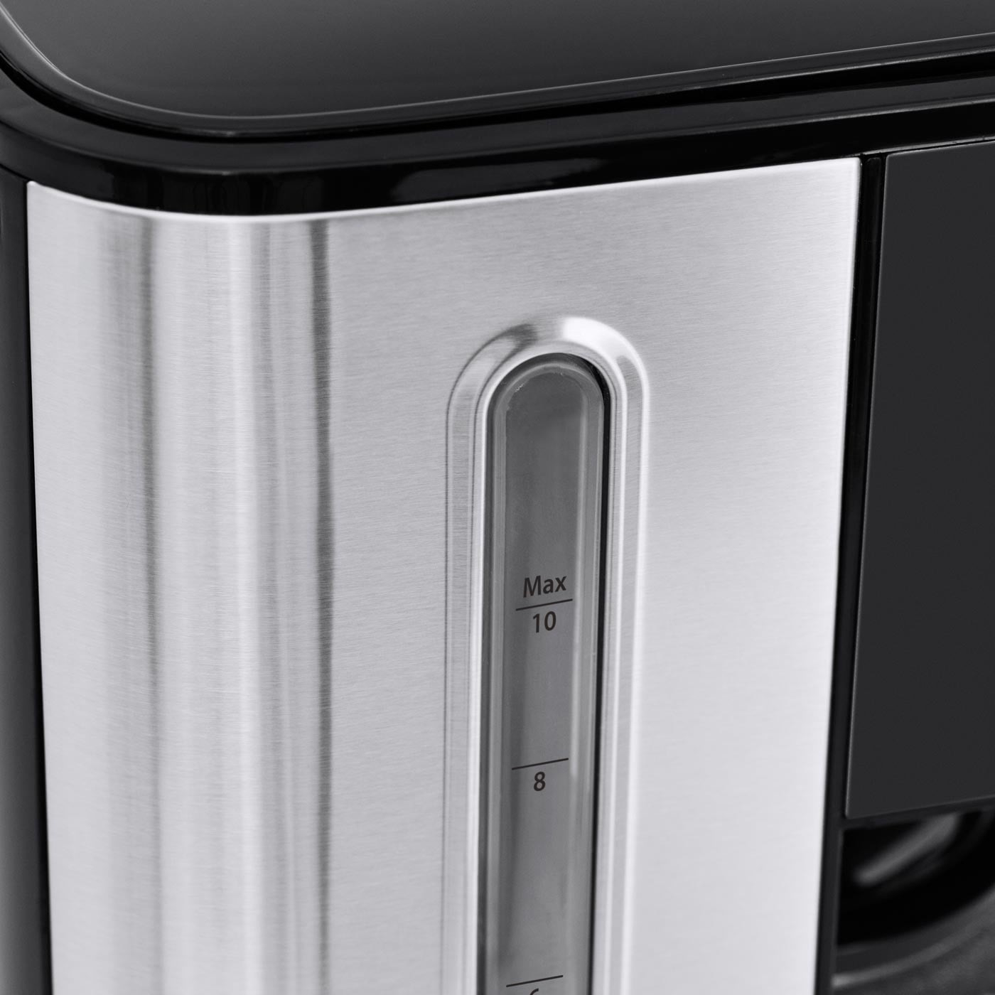 Coffee machine, water tank, level indicator, stainless steel, black, kitchen, appliance, close-up