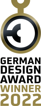 German Design Award Winner 2022 logo, gold design, black text, award badge
