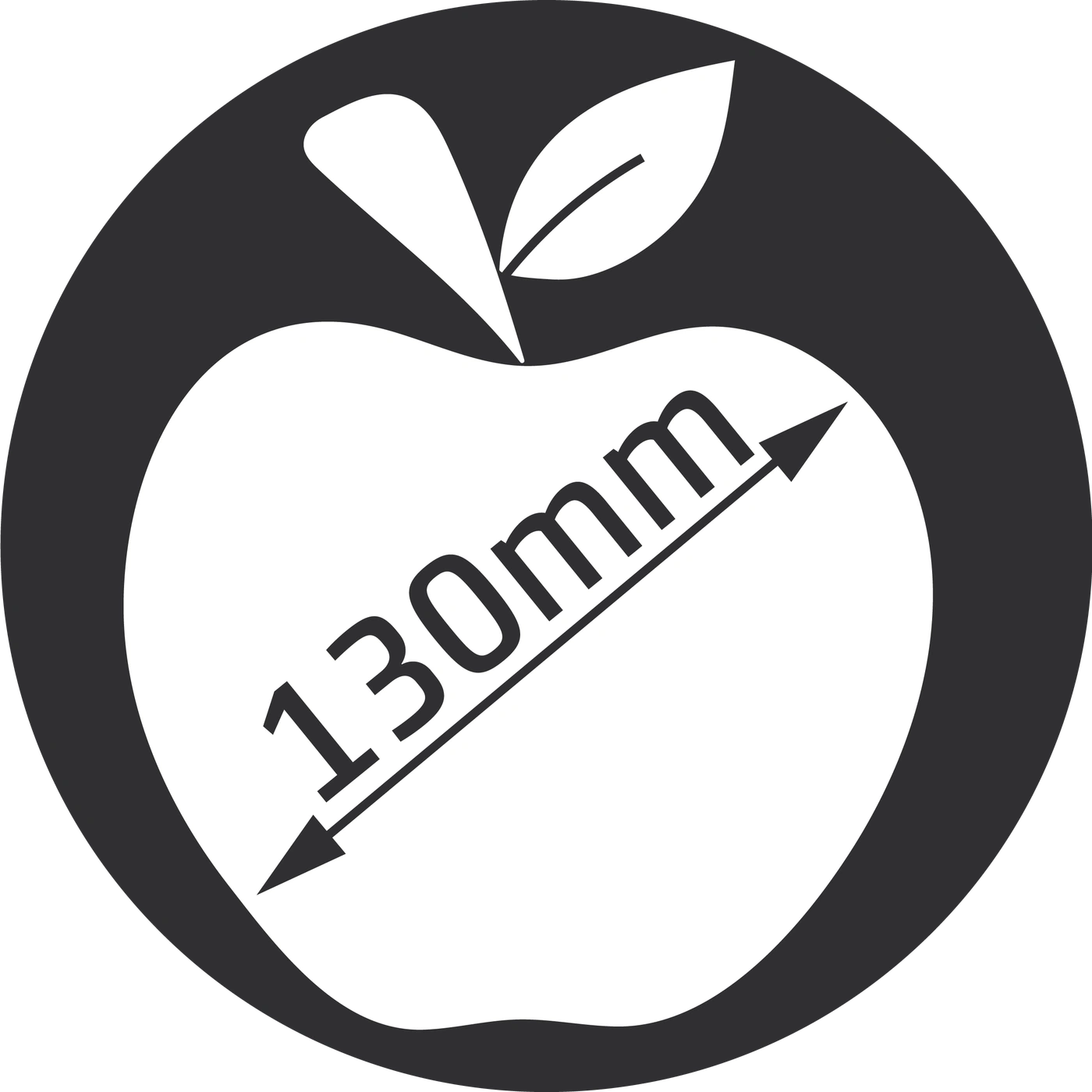 Apple symbol with 130mm measurement inside a dark circle on a black background.