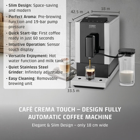 Coffee machine, slim design, touch display, milk tank, 18 cm wide, Café Crema Touch