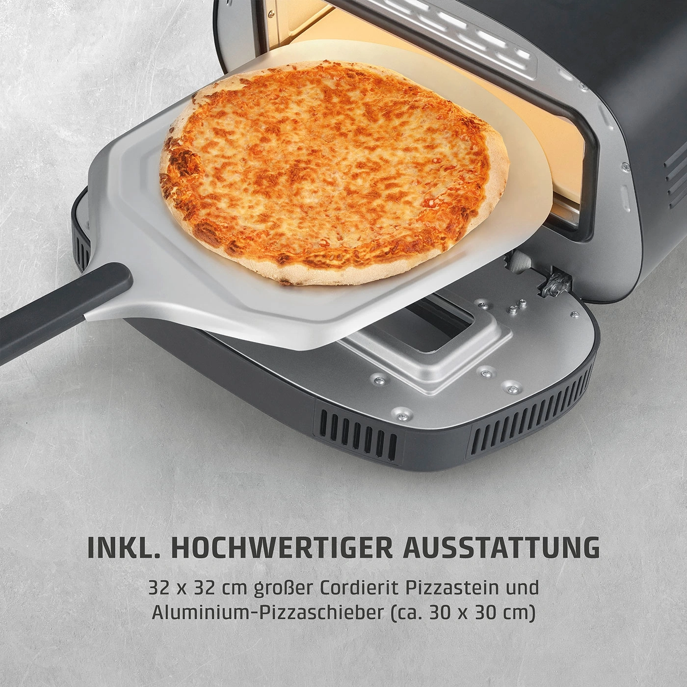 Pizzaofen mit Pizza, Pizzastein und Pizzaschieber, hochwertige Ausstattung.