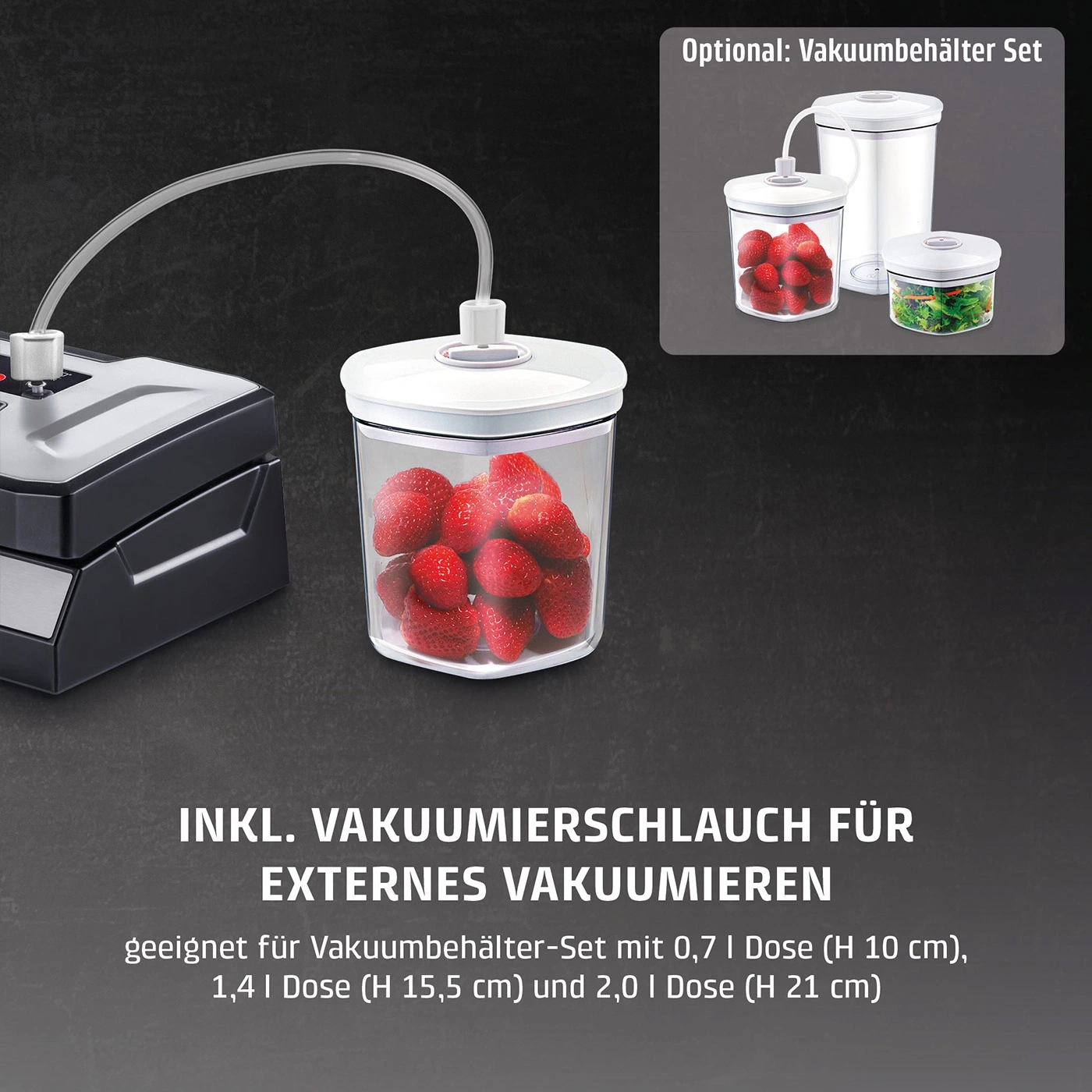 Vakuumiergerät mit Schlauch und Behälter mit Erdbeeren