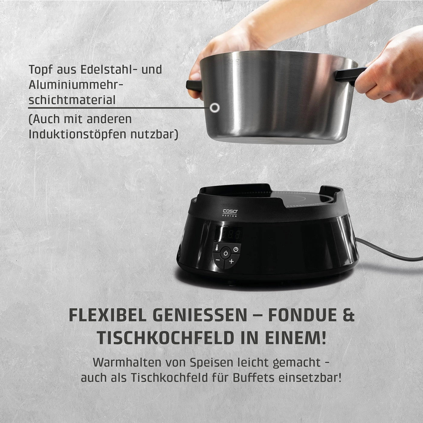 Topf aus Edelstahl und Aluminium-Mehrschichtmaterial, auch mit anderen Induktionstopfen nutzbar.