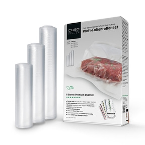 Profi-Folienset 4, 3 Folienrollen, 150 µm je 1 x: 20x600cm, 25x600cm, 30x600cm, zum Vakuumieren + Sous Vide Garen