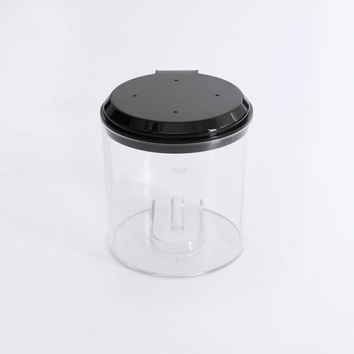 Clear container with black lid, 'max' marking, set against a white backdrop.