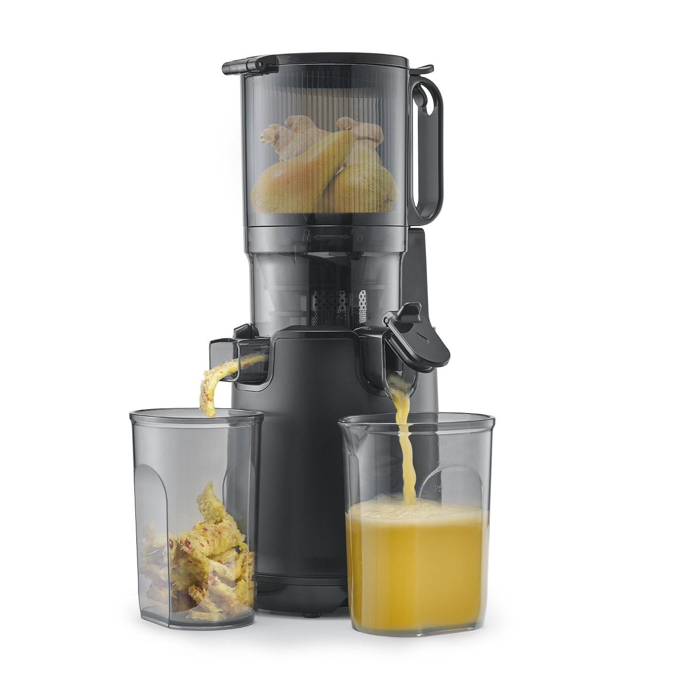 Black juicer with fruits, juice and waste container, isolated on white
