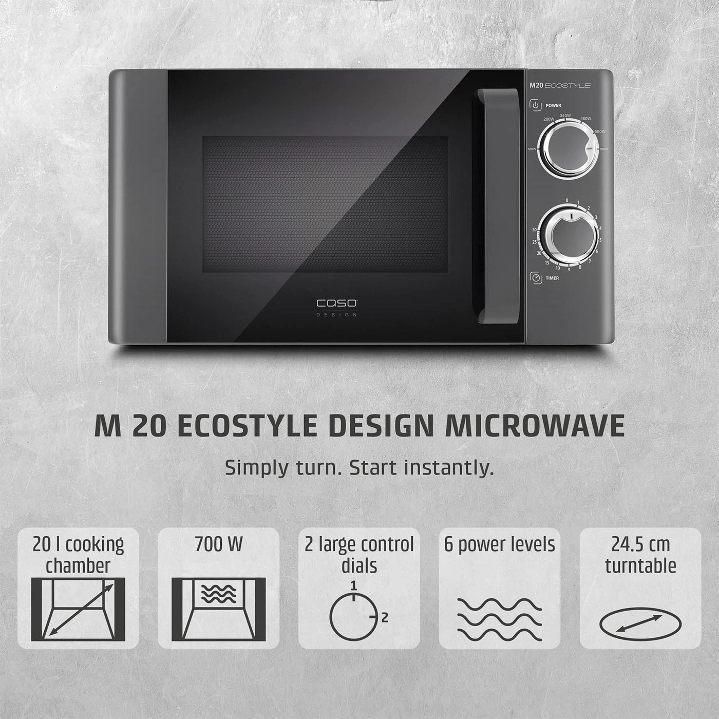 A gray microwave with two control knobs and product features.