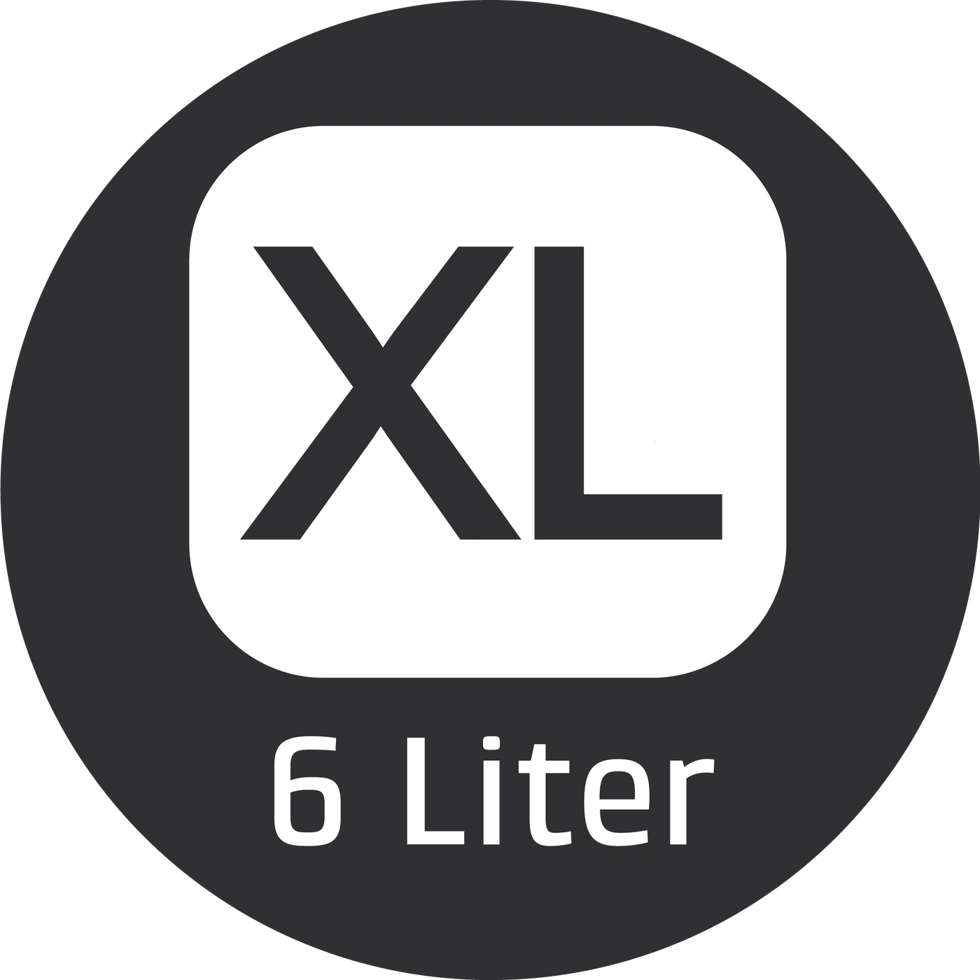 XL size, 6 Liter, black background, white text, round logo, product identification