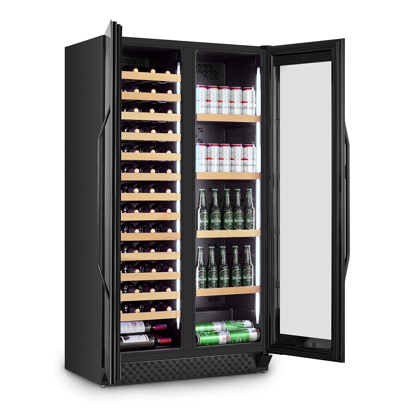 Black fridge with wine, beer, drinks, open doors, glass front, interior lighting, shelves.