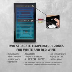 Wine cooler with two temperature zones, sensor touch, and LED display.