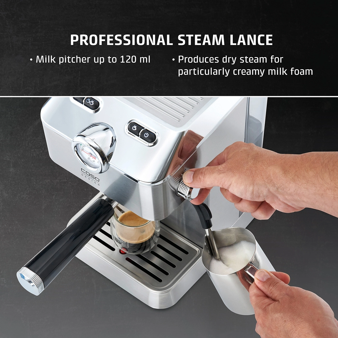 Espresso machine with milk foam, professional steam wand, milk jug up to 120 ml