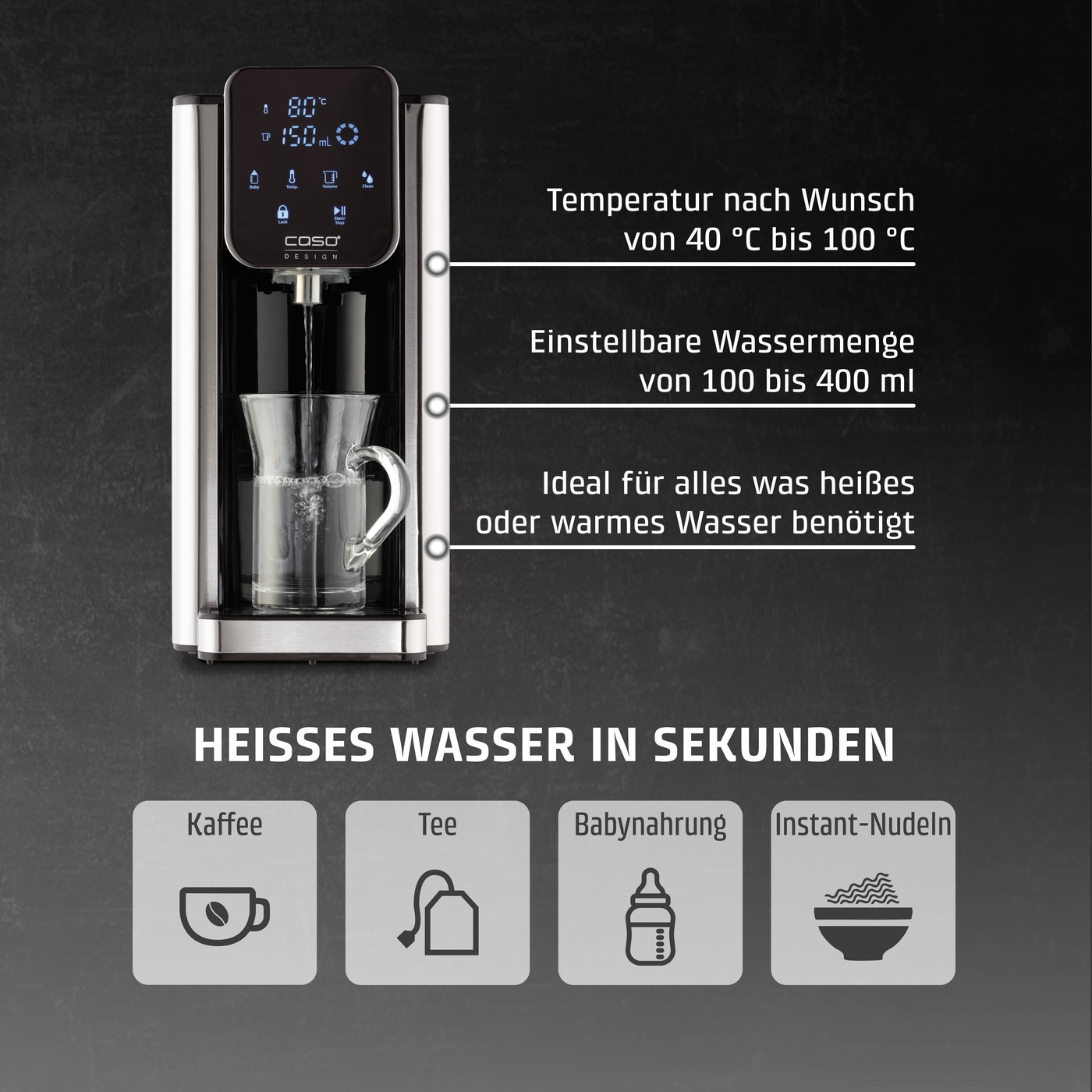 Heißwasserbereiter mit Temperatur- und Wassermengenregelung für Kaffee, Tee, Babynahrung und Instant-Nudeln.
