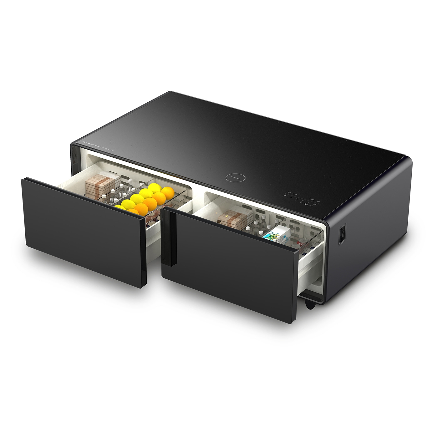 Black table with drawers filled with food and drinks, modern design.