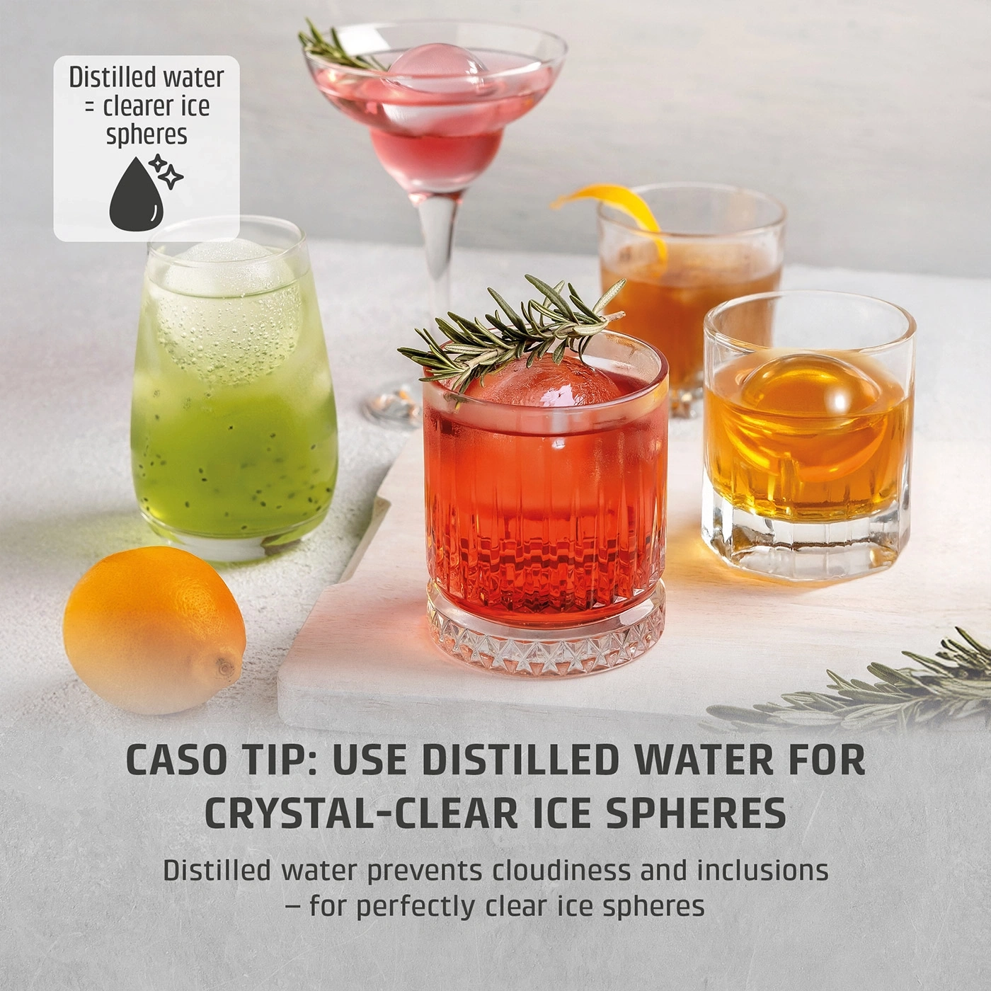 Four cocktails with ice cubes and lemon, with text about distilled water.