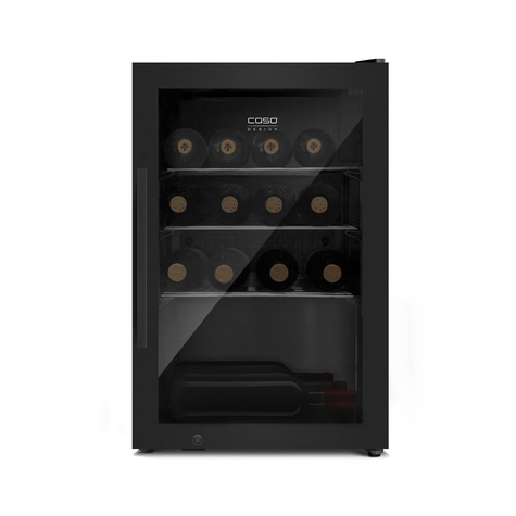 Black wine cooler with glass front, filled with wine bottles, Caso Design logo