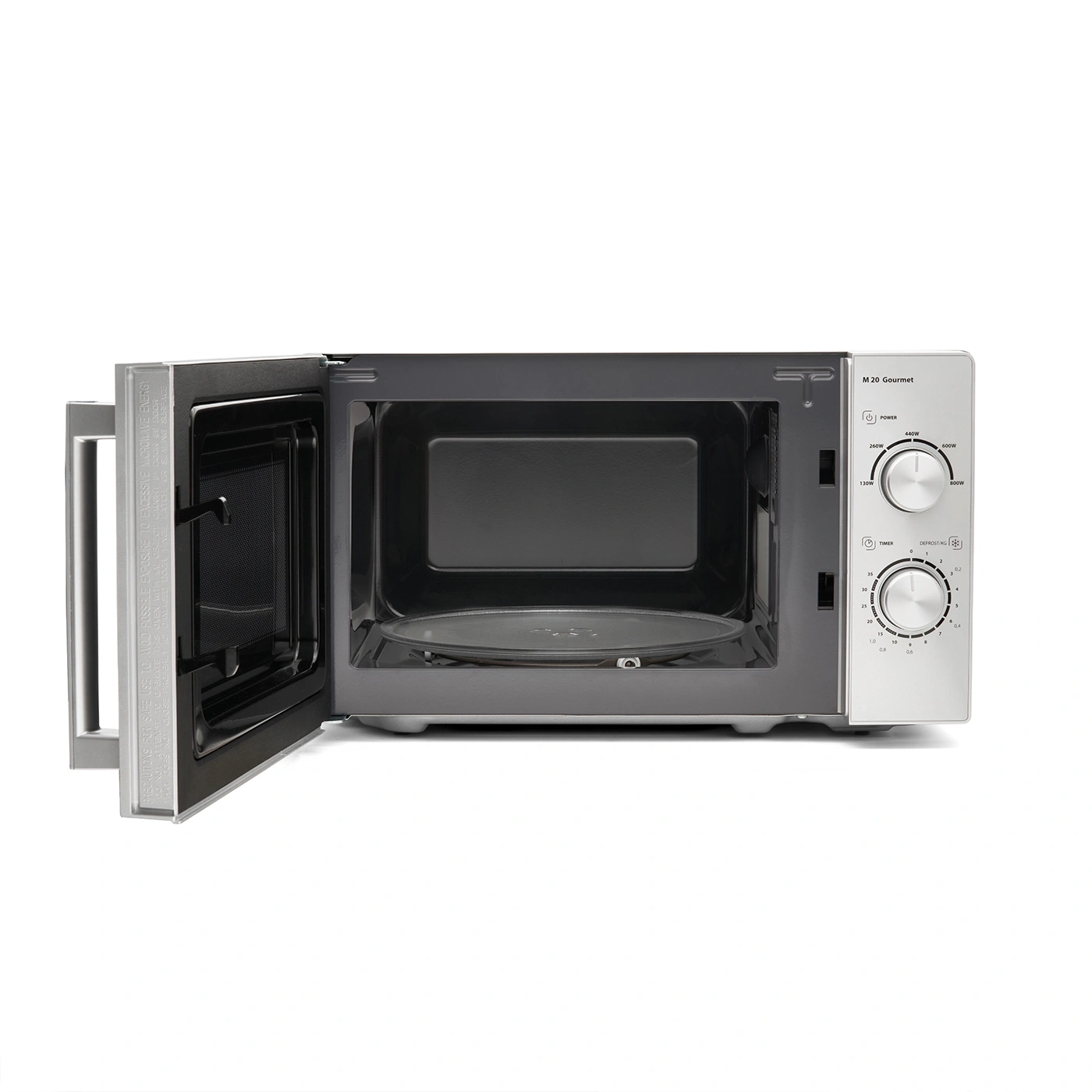 Microwave with open door, control panel, M 20 Gourmet, timer, defrosting, power settings