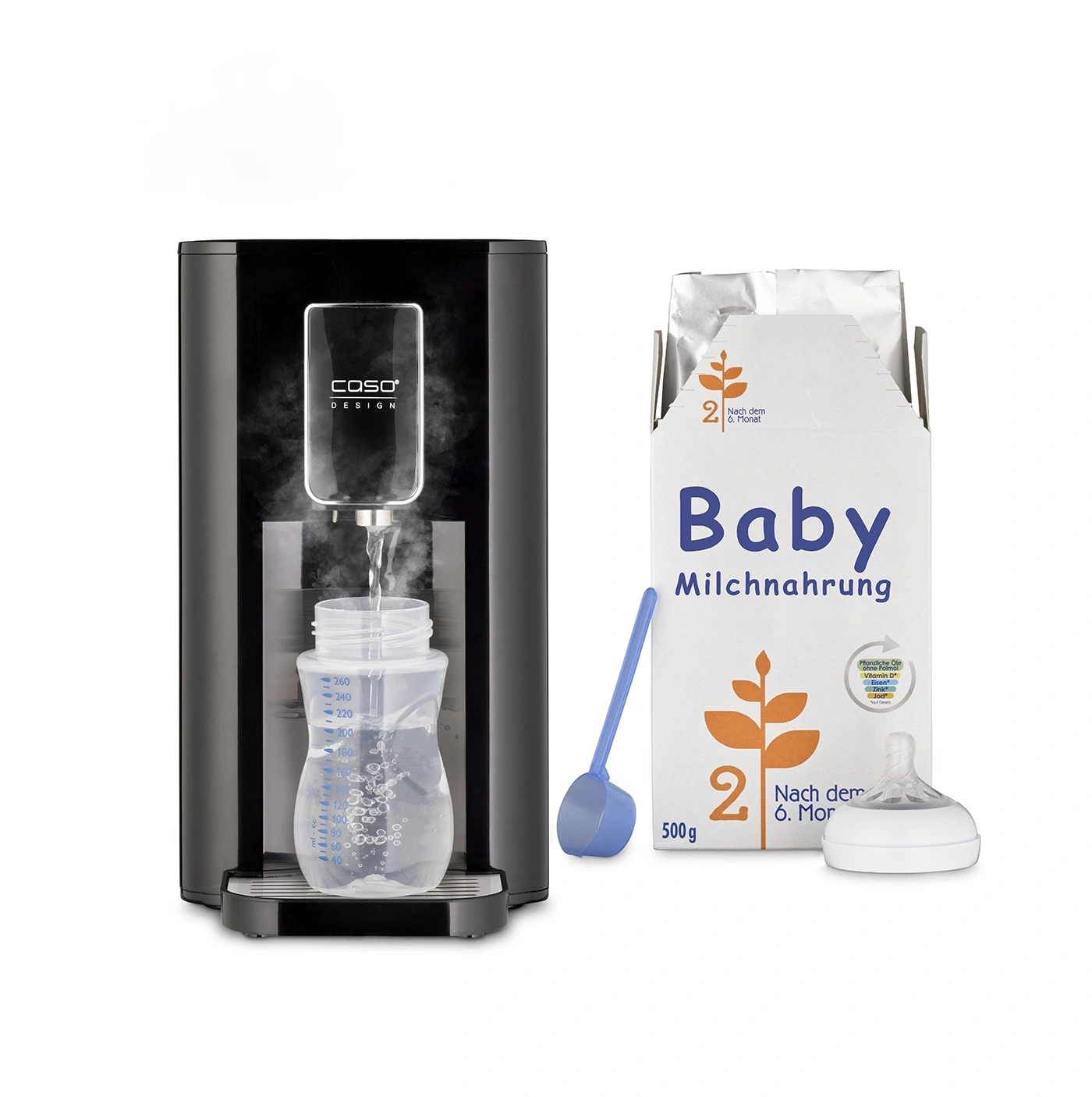 Baby bottle warmer with baby food and accessories. Kettle for baby food.