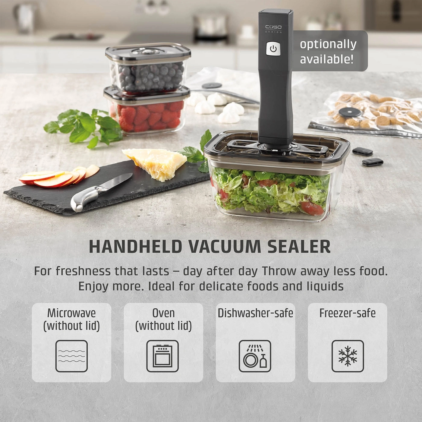 Vacuum container with hand vacuum sealer and food