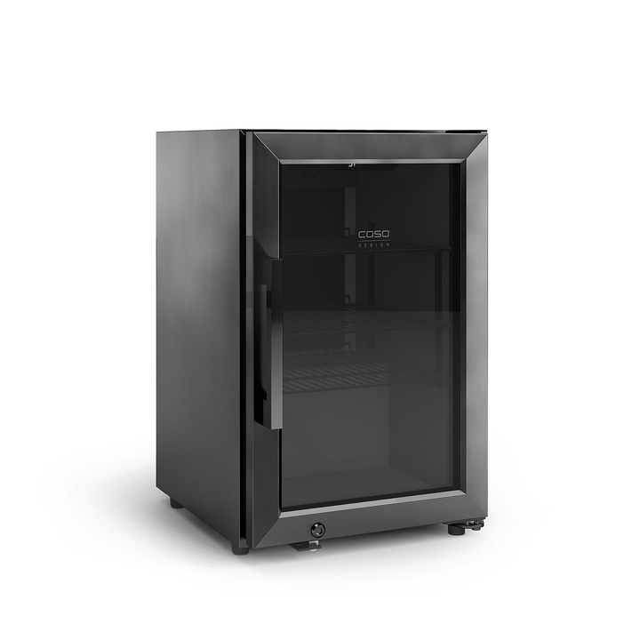 Black refrigerator with glass door, Caso Design, isolated on white background