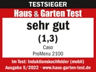 Test award for induction cooktops, rated very good, with details on brand and model.