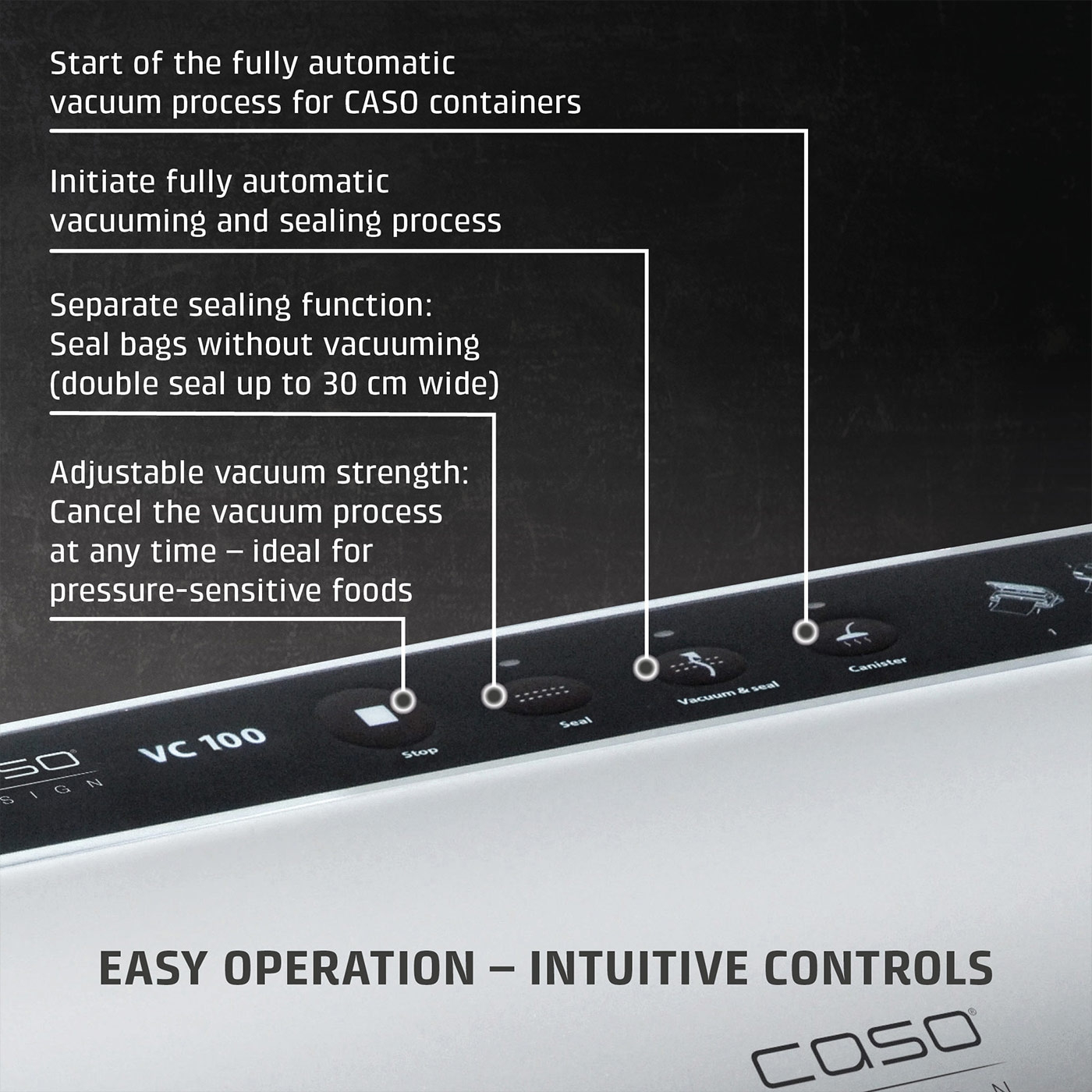 Vacuum sealer with features: start, vacuum, seal, stop, canister, easy operation, for food.
