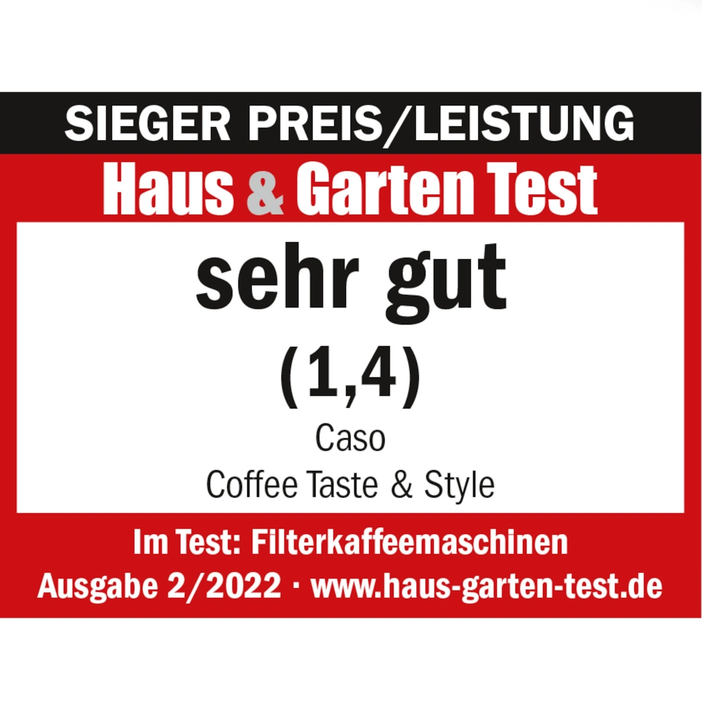 Auszeichnung für Kaffeemaschine: Sehr gut, Haus & Garten Test, Caso Coffee Taste & Style