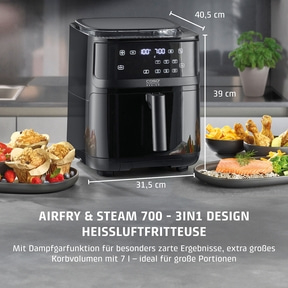 AirFry & Steam 700 3 cooking methods in one appliance - steam cooking, hot air frying or in combination Black air fryer with food, dimensions, and text. Airfry & Steam 700 - 3in1 design.