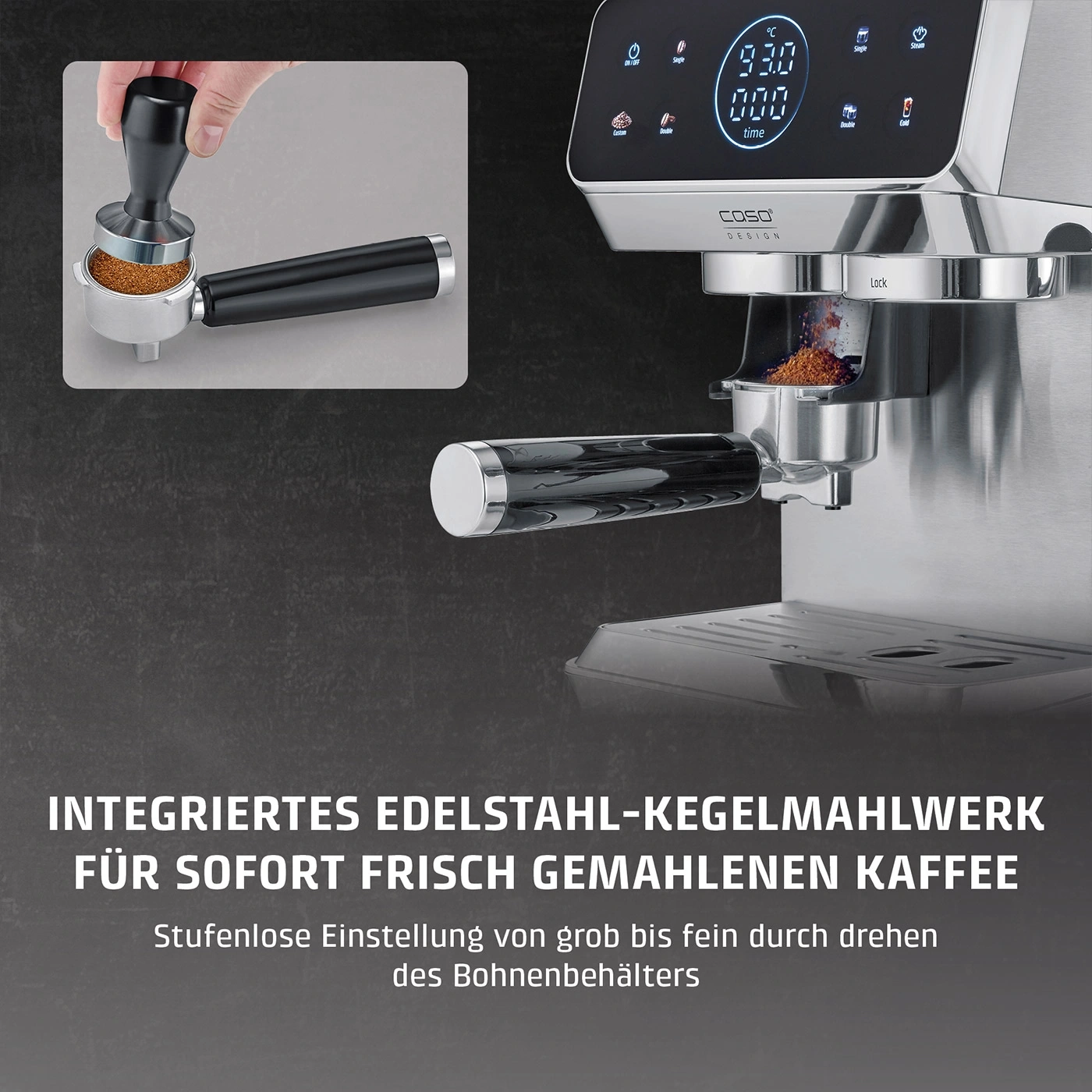 Edelstahl-Kaffeemaschine mit integriertem Mahlwerk und Siebträger