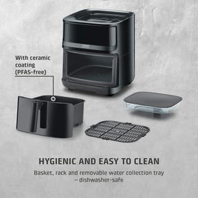 Black air fryer with accessories, hygienic and easy to clean, dishwasher safe, ceramic coating.