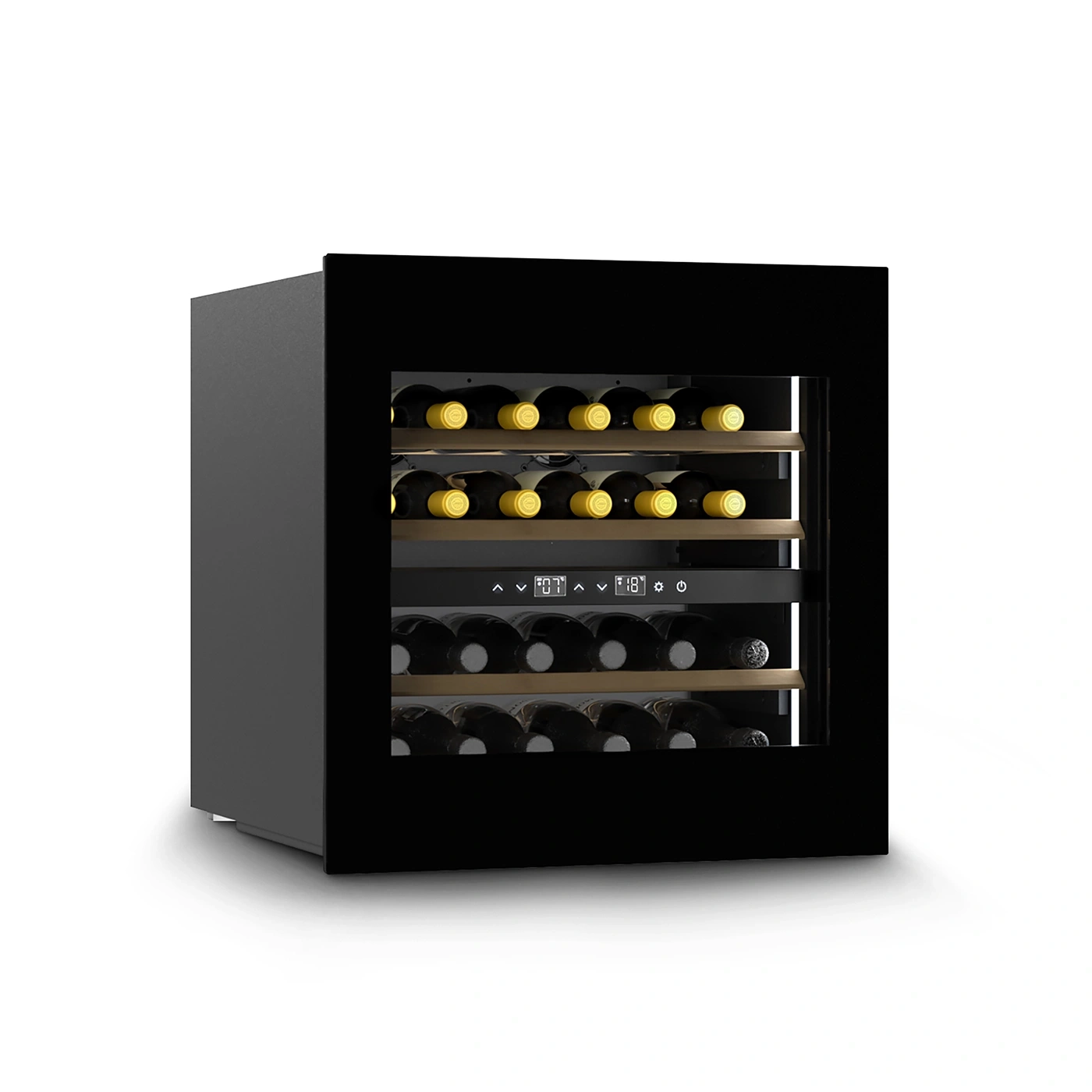 Weinkühlschrank mit Flaschen, schwarz, Glas, Temperaturanzeige, modern