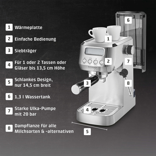 Espressomaschine mit Funktionen: Wärmeplatte, einfache Bedienung, Siebträger, Wassertank.