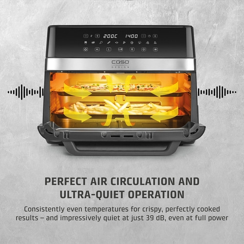 Air fryer with pizza and fries, perfect air circulation, quiet, 39 dB, Caso Design.