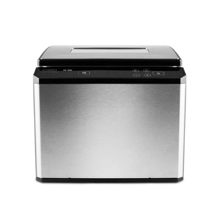 Stainless steel sous vide cooker with black control panel and lid, isolated